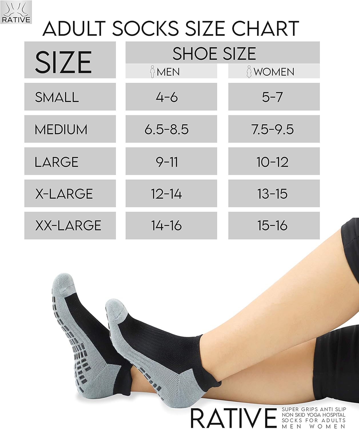 RATIVE Super Grips Anti Slip Non Skid Yoga Hospital Socks for Adults Men Women: Clothing