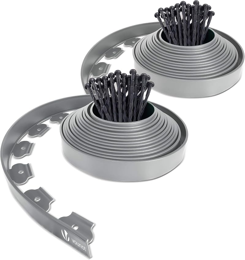 VOUNOT Lawn Edging 20m with 60 Pegs Flexible Plastic Border 5cm Grey