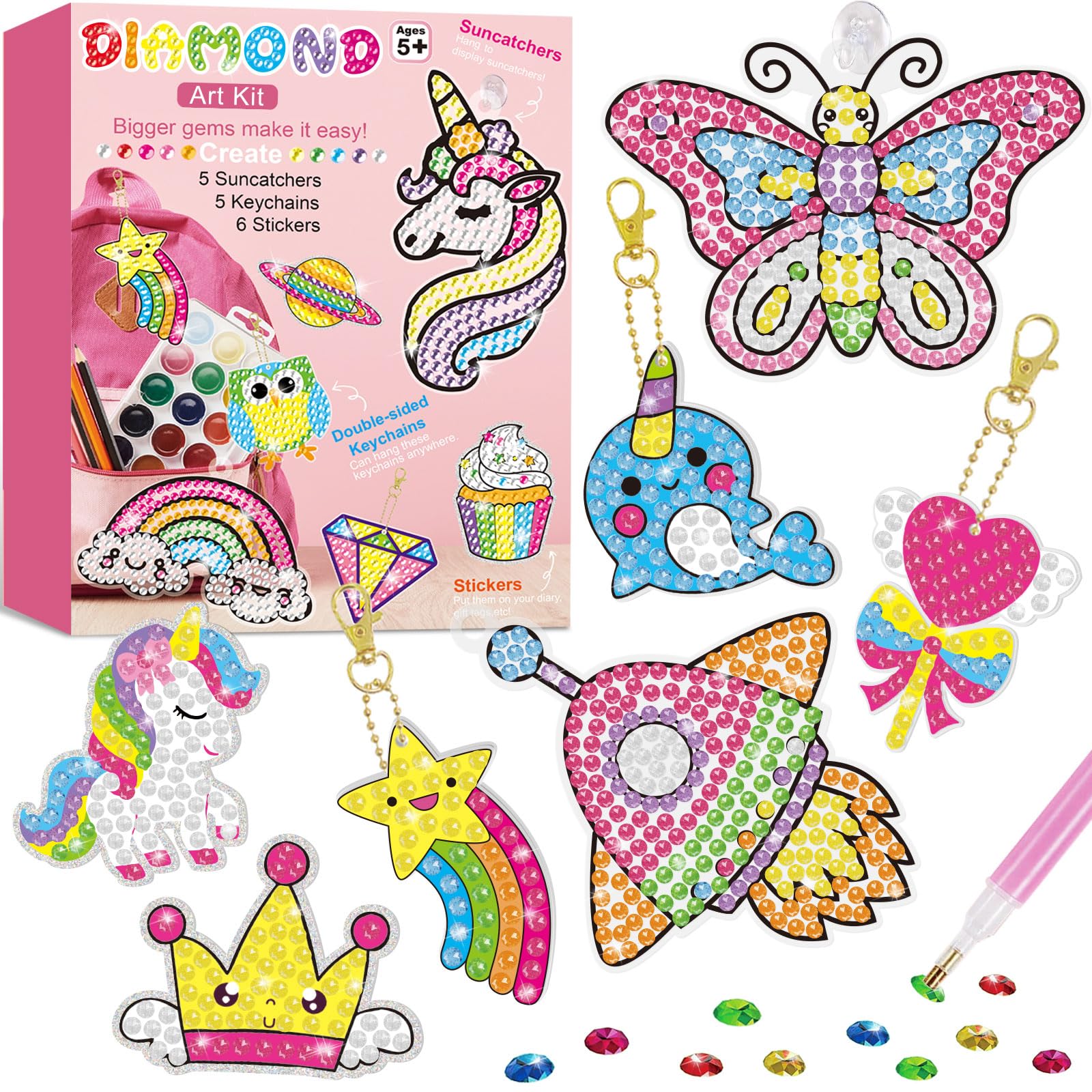 Photo 1 of BANBBUR 16 Pcs Gem Art for Kids Age 4-8 8-12,Kids Crafts 5D Gem Diamond Art Kit with 5 Suncatchers/5 Keychains/6 Magical Stickers,Painting Art Crafts for Christmas