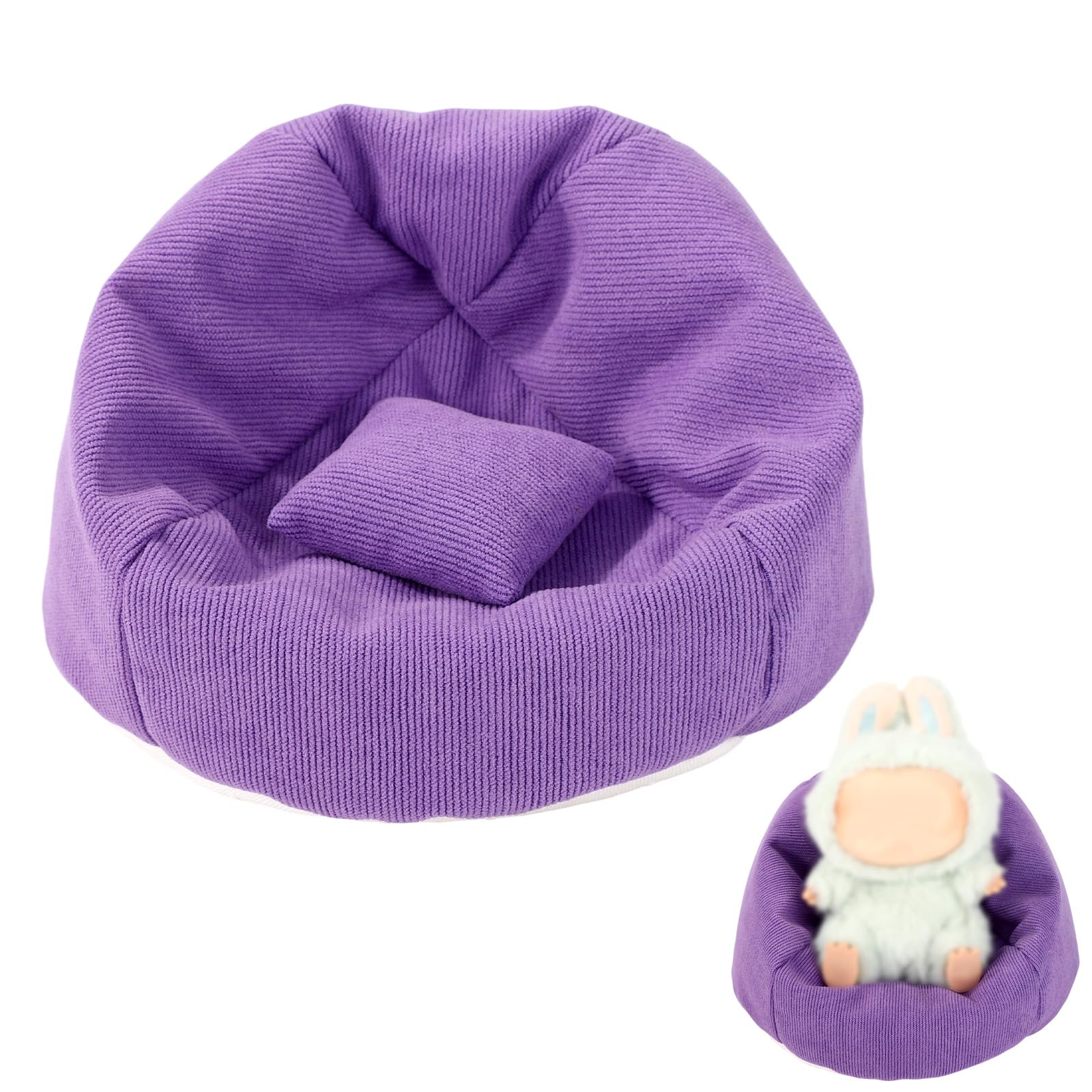 Lyreh Mini Bean Bag Chair for Dolls Seat, Purple Soft Mini Sofa with Pillow, Doll Display Couch Miniature Furniture Cute Bed Table Decor for Home Office Desk Shelf Car Dashboard Accessories