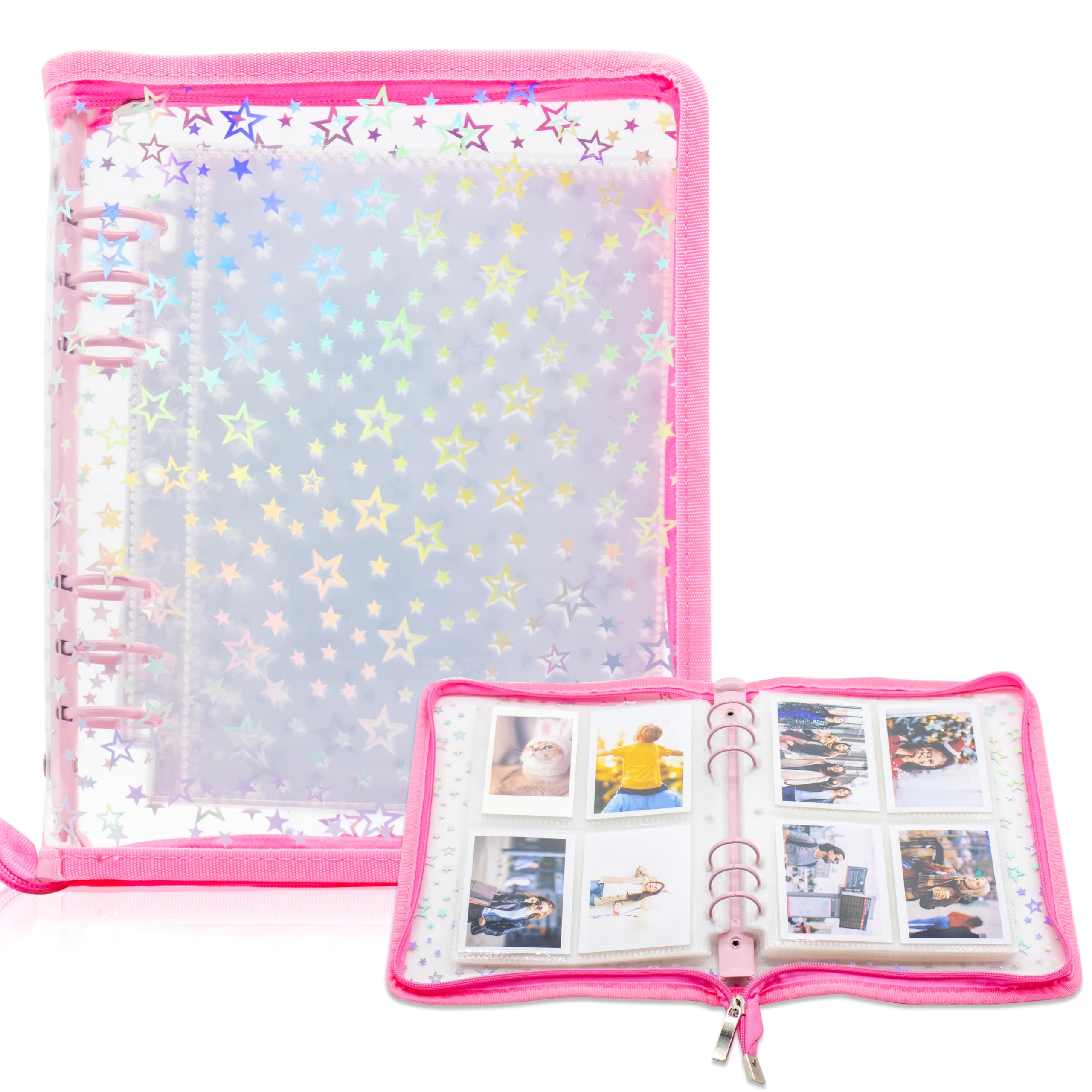 Kpop Photocard Binder Holder with 30 Pack 4-Pocket Inner Pages, A5 6 Ring Cover Album Book with Zipper for Organizing Trading Card (Pink)