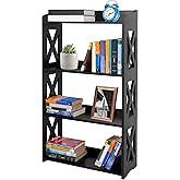 YCICI Black Bookcase by Natural Wood, 4 Tier Bookshelf, Small Book Shelves Freestanding Display Storage Shelves. Open Bookshelf for Bedroom, Living Room and Office (Black, 4 Tier)