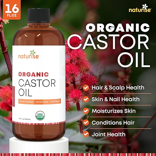 NATURISE USDA ORGANIC CASTOR OIL FOR HAIR GROWTH – PURE CASTOR OIL ORGANIC COLD PRESSED & UNREFINED IN GLASS BOTTLE – VEGAN, NON-GMO OILS FOR EYELASH, EYEBROW, HAIR, SKIN & FACE SUPPORT (16 FL. OZ.)