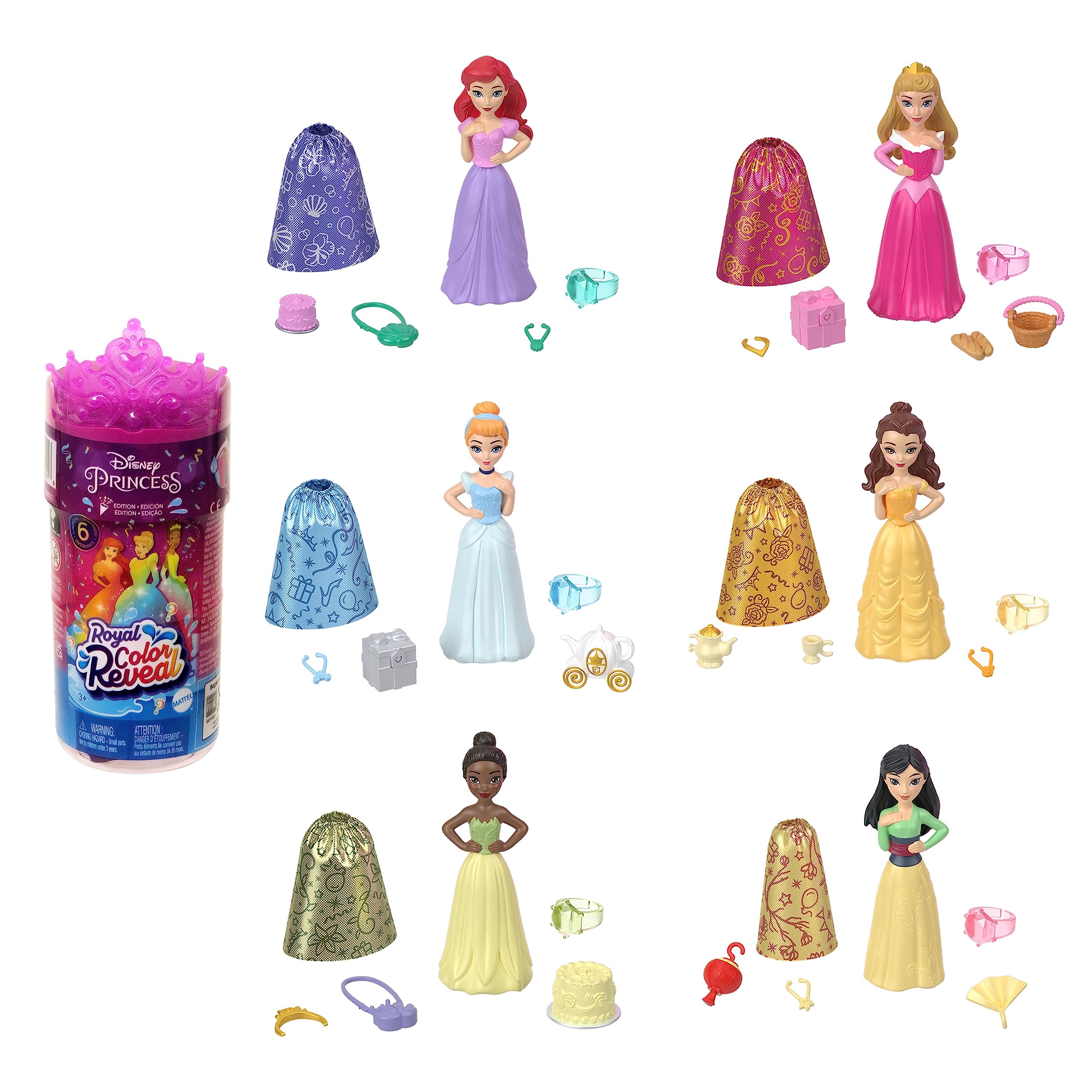 Mattel Disney Princess Toys, Royal Color Reveal Doll with 6 Unboxing Surprises, Party Series with Celebration Accessories, Inspired by Disney Movies, HPX39
