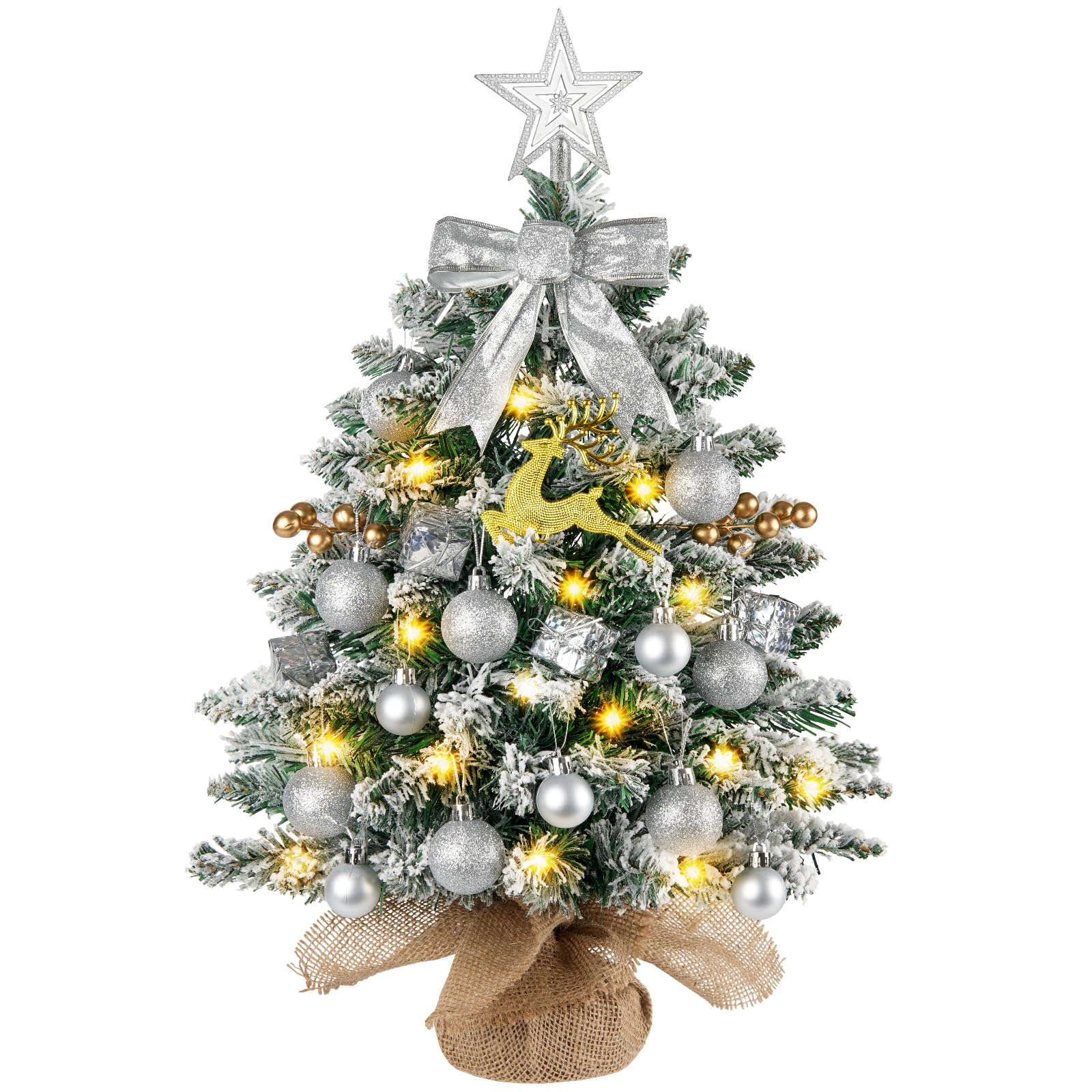 N&T NIETING Mini Christmas Tree with Lights, 61CM Table Top Tree with Star Ornaments, Artificial Xmas Tree with Snow for Home Office Desktop Party Indoor Christmas Decorations(Snow Green)