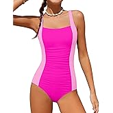TyeSmo Girls Swimsuit One Piece Swimsuits Ribbed Bathing Suit for Girls Color Block Ruched Adjustable Strap Pad Swimwear