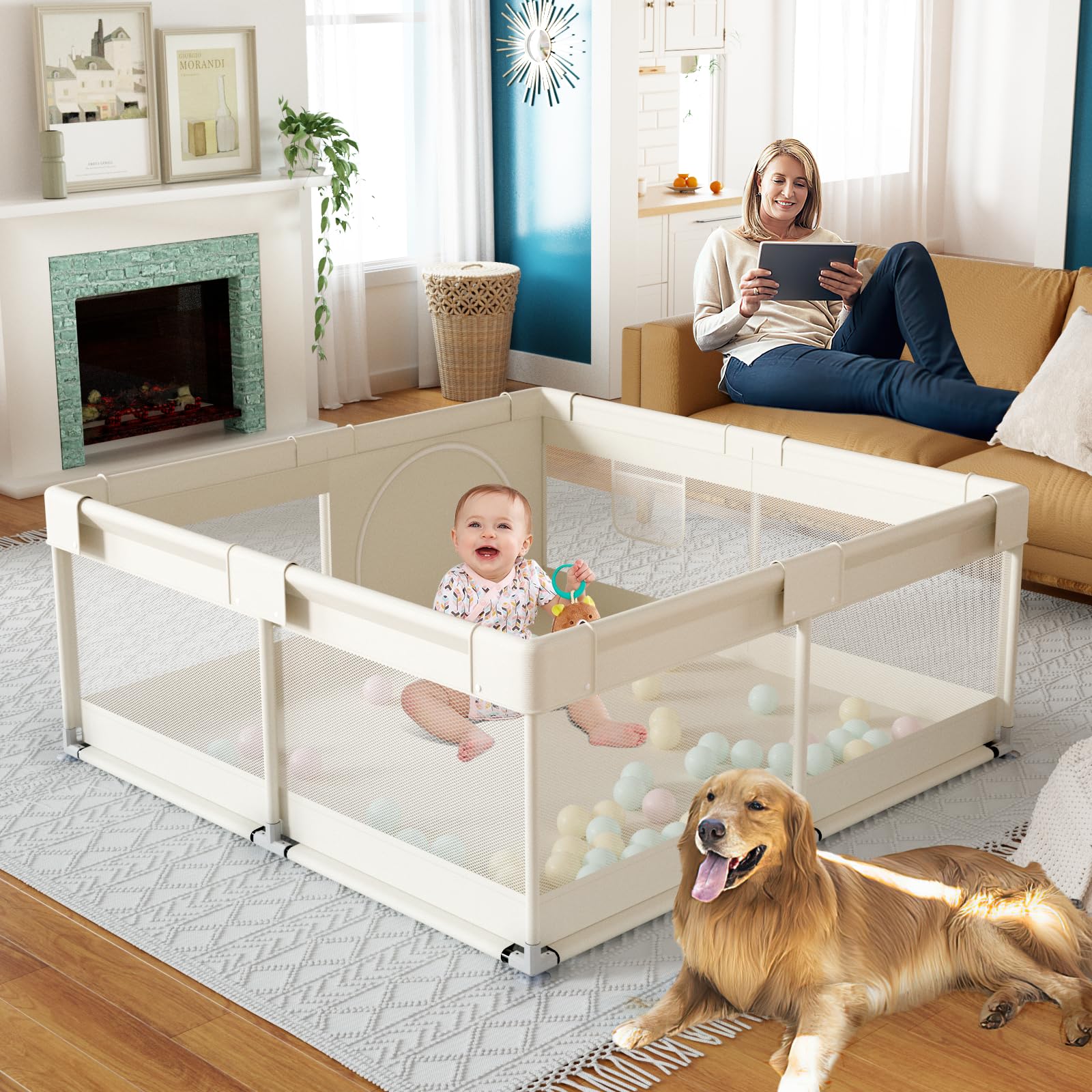 Fodoss Baby Playpen, Upgrade Playpen for Babies and Toddlers, 47x47x26inch Beige Play Pen for Babies with Hand Pulling Ring, Play Pen Center for Kids,Baby Fence,Baby Playards.