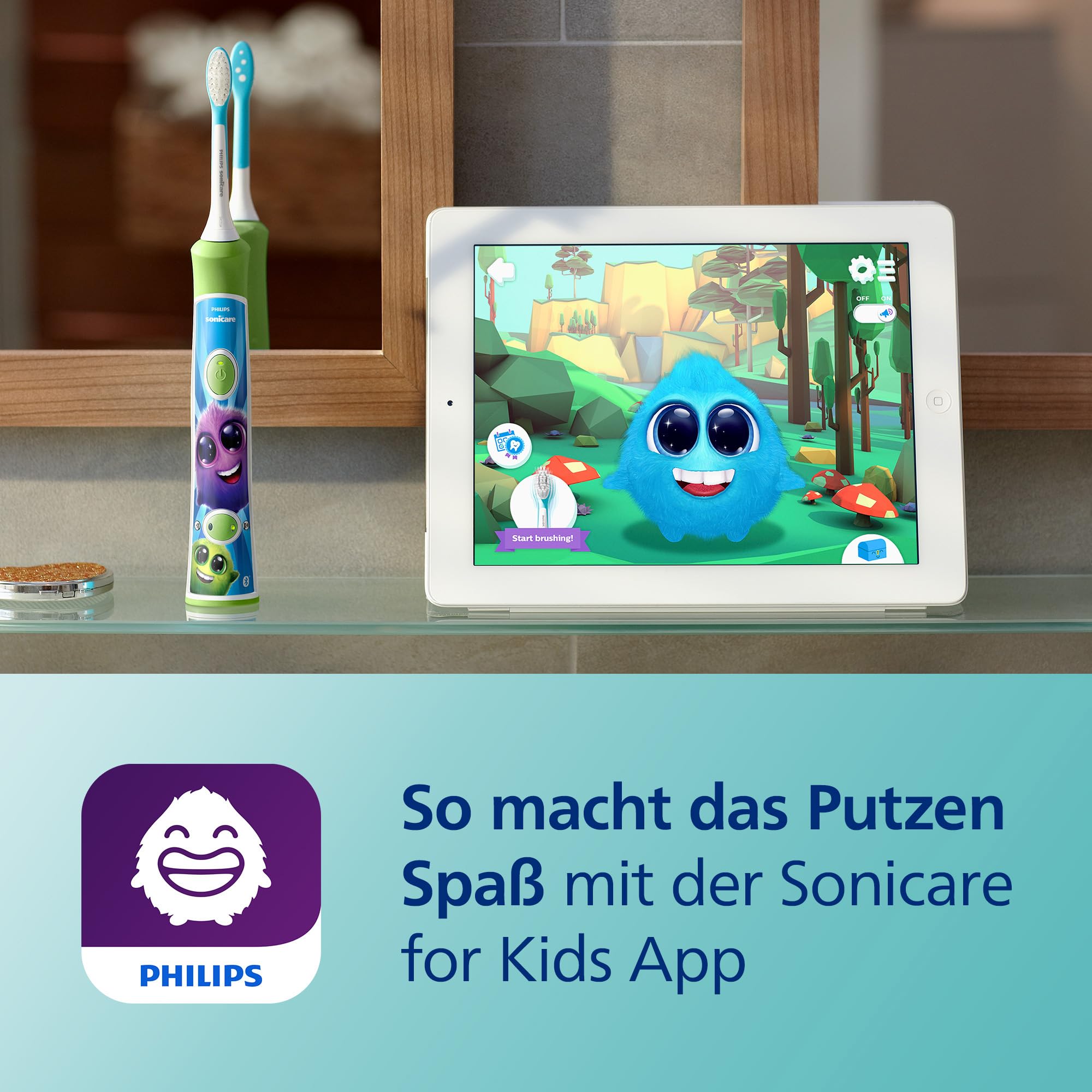 Philips Sonicare For Kids, elektrische Schallzahnbürste mit App, für Kinder ab 3 Jahren, mit SmarTimer und QuadPacer für eine gründliche Reinigung, Grün, Modell HX6352/11 4