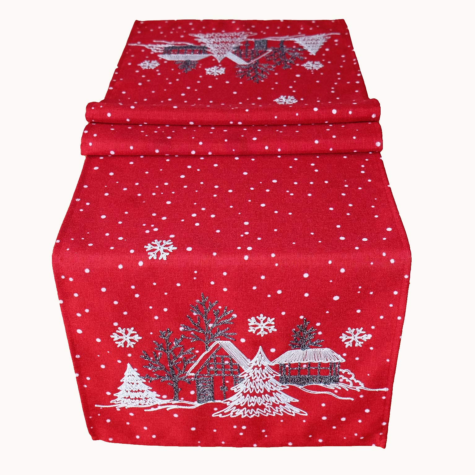 Raebel OHG Table Runner Embroidery Winter Village Christmas Decoration White Decorative Christmas Tablecloth, red/white, 40 x 140 cm