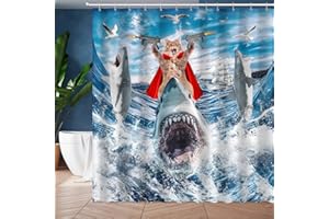 JWXCBIM Funny Cat Riding Shark Shower Curtain Set, Kids Home Bathroom Decor Polyester Waterproof Fabric Bath Curtain with 12 Hooks 72x72 Inches