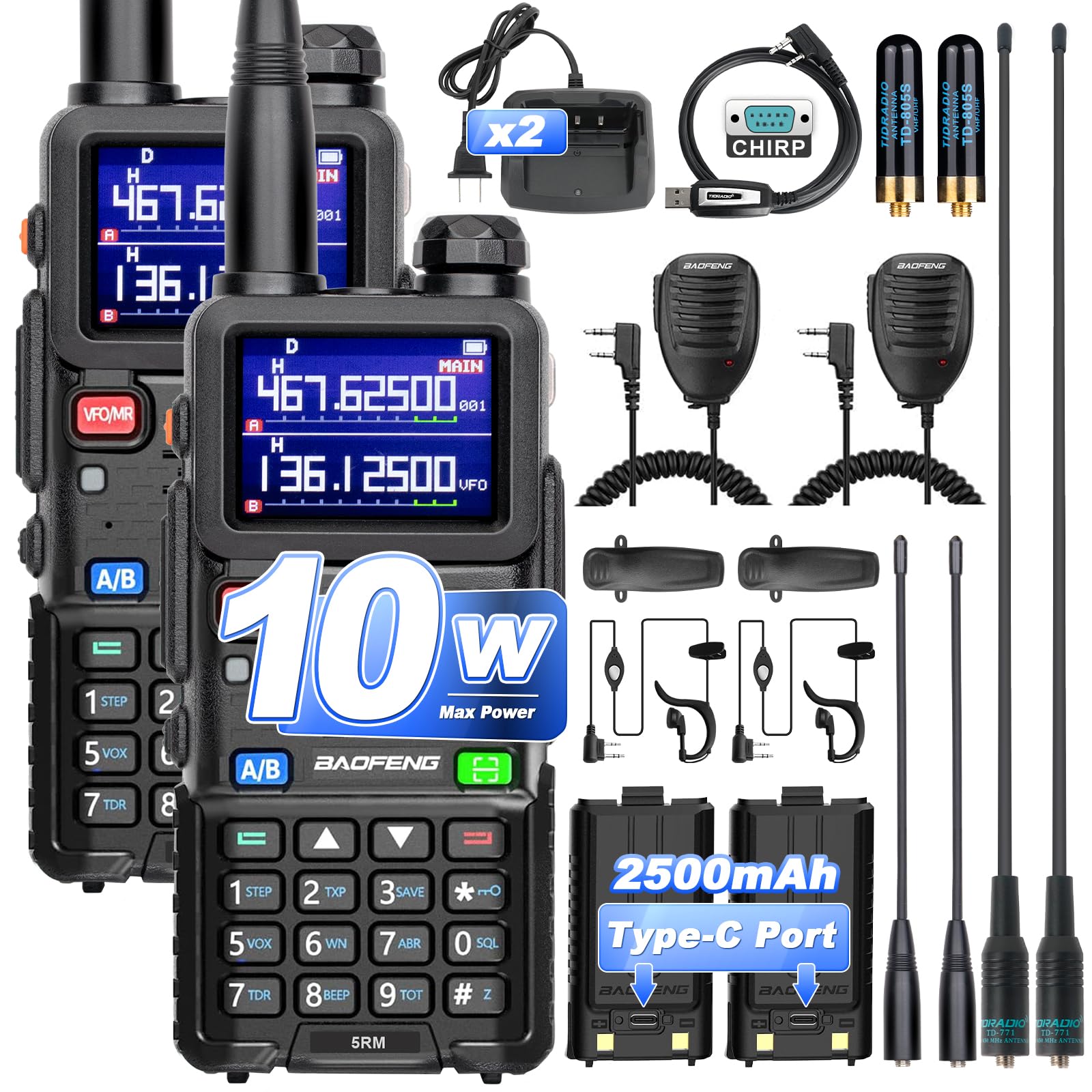 Photo 1 of BAOFENG 5RM 10W Ham Radio Handheld Long Range Two Way Radio,NOAA Weather Receiver,UV-5RM Walkie Talkies with USB-C Charging,Speaker MIC,Programming Cable and Long Antenna, 2 Pack Full Kits