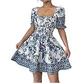 Floerns Women's Boho Tribal Puff Sleeve A Line Dress Square Neck Smocked Mini Dresses