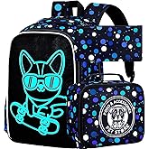 KLFVB 3PCS Boys Dog Bookbag, Luminous School Backpacks with Lunch Box, 17" Water Resistant Kids Camo Bookbag for Middle Elementary Teens to School Travel - Luminous Dog
