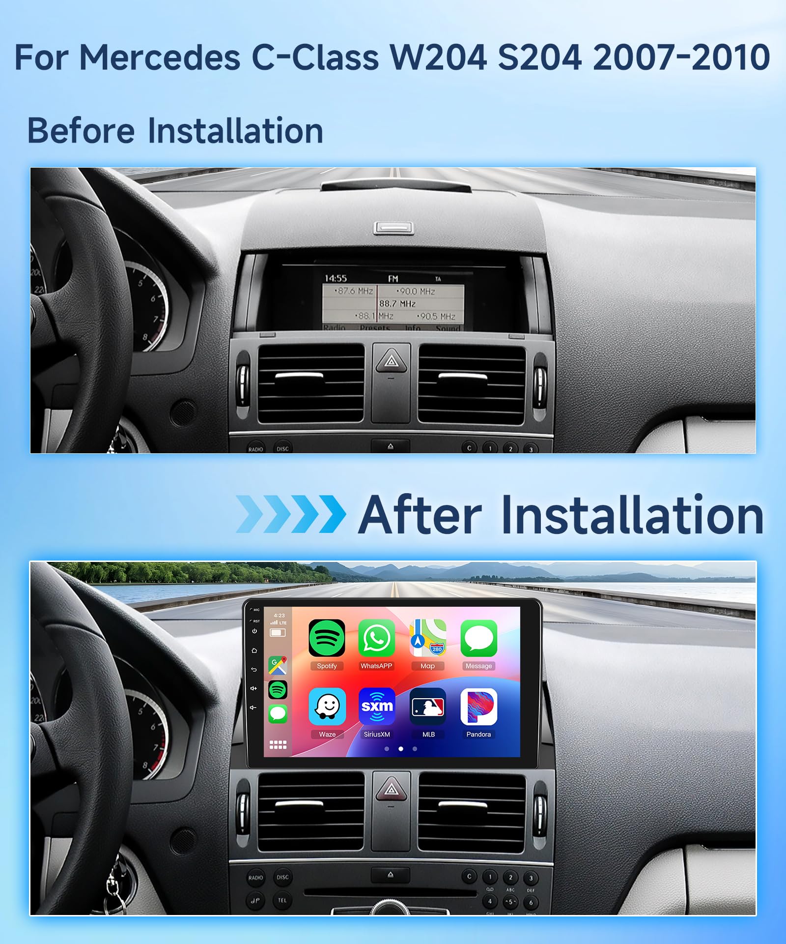 2G+64G Android Car Radio Stereo Wireless Carplay Android auto for Mercedes Benz C-Class C180 C200 C230 C250 C300 C350 W204 S204 2006-2011, Rimoody 9 inch Touchscreen GPS WiFi BT FM Backup Camera