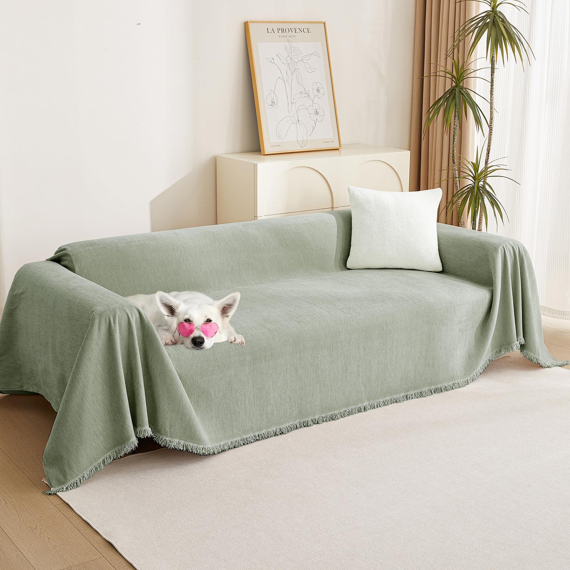 Photo 1 of MYSKY HOME Sectional Couch Cover Blanket Living Room Furniture Protector for Pets, Farmhouse Home Decor Sofa Covers Tassel Chenielle Sofa Slipcover Soft Throw Couch for Dogs,71" X 118", Sage Green
