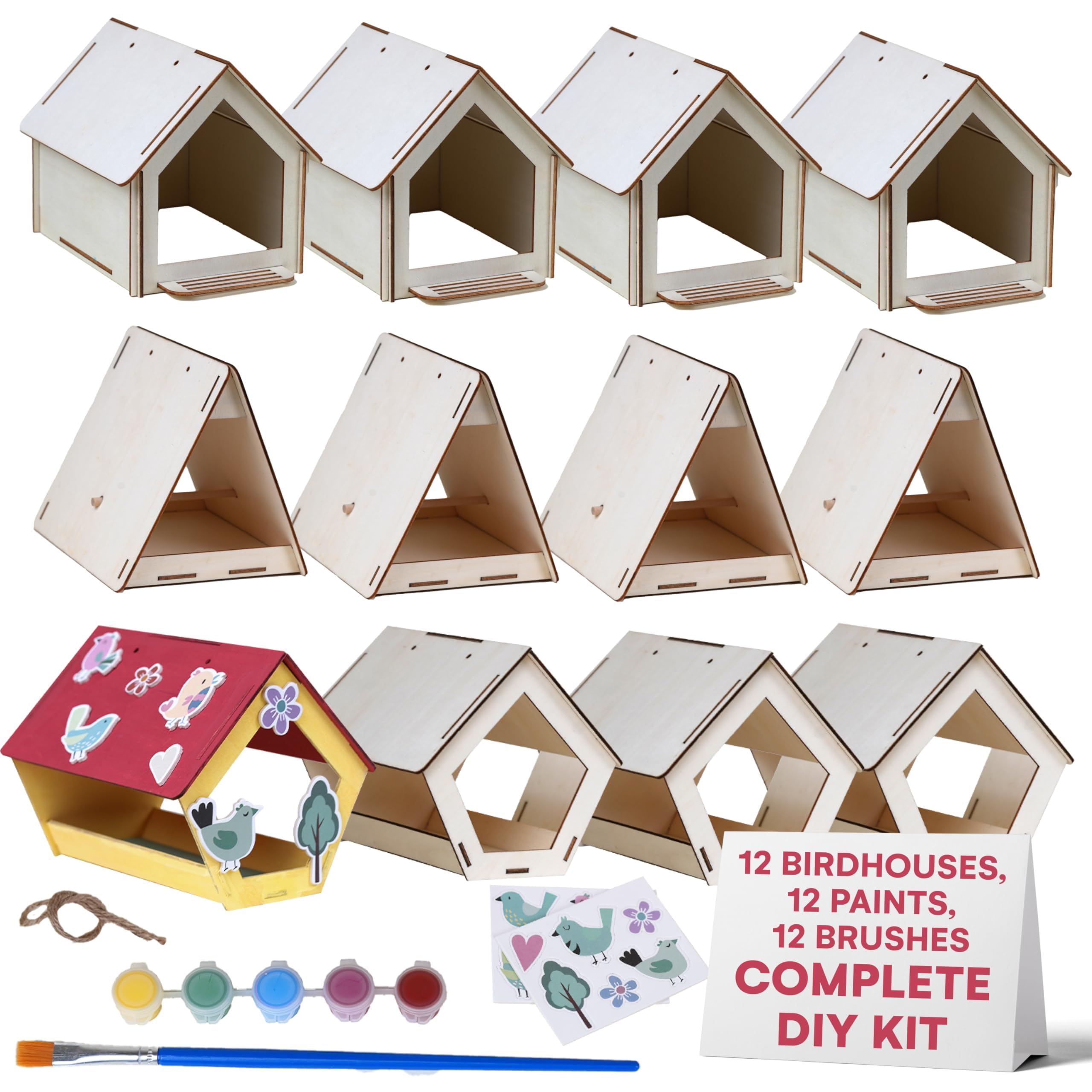 Photo 1 of Neliblu Bird Houses to Paint for Kids - Wooden - 12 Pc, Plywood, Durable Material, Educational Fun, Complete Set, Child-Safe, Bulk Crafts - Paint a Bird House Kit for Kids