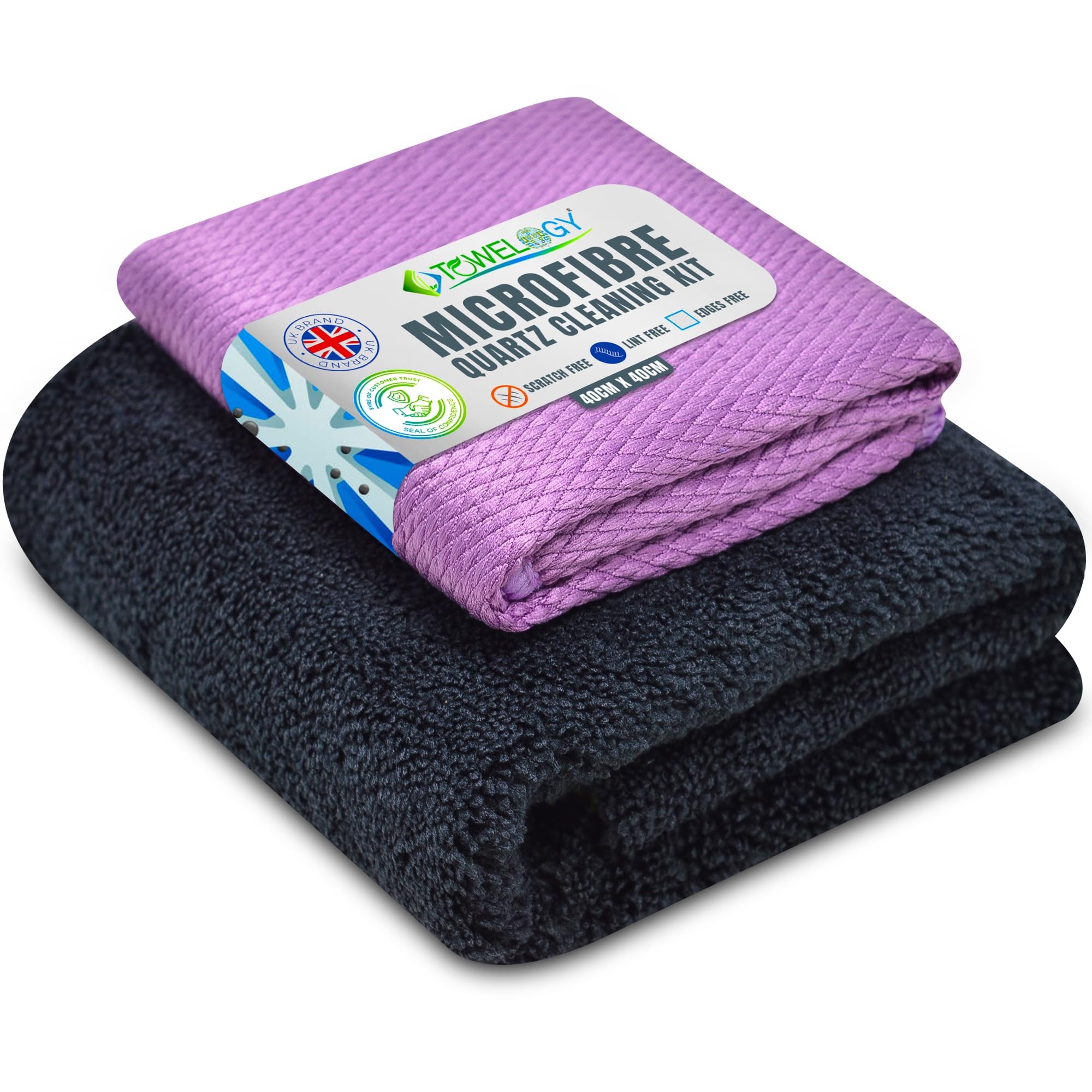 Towelogy® Premium Quartz Worktop Cleaning Cloth Non-Abrasive Microfibre Cleaner Kit 2 Pack / 40x40cm, 30x30cm