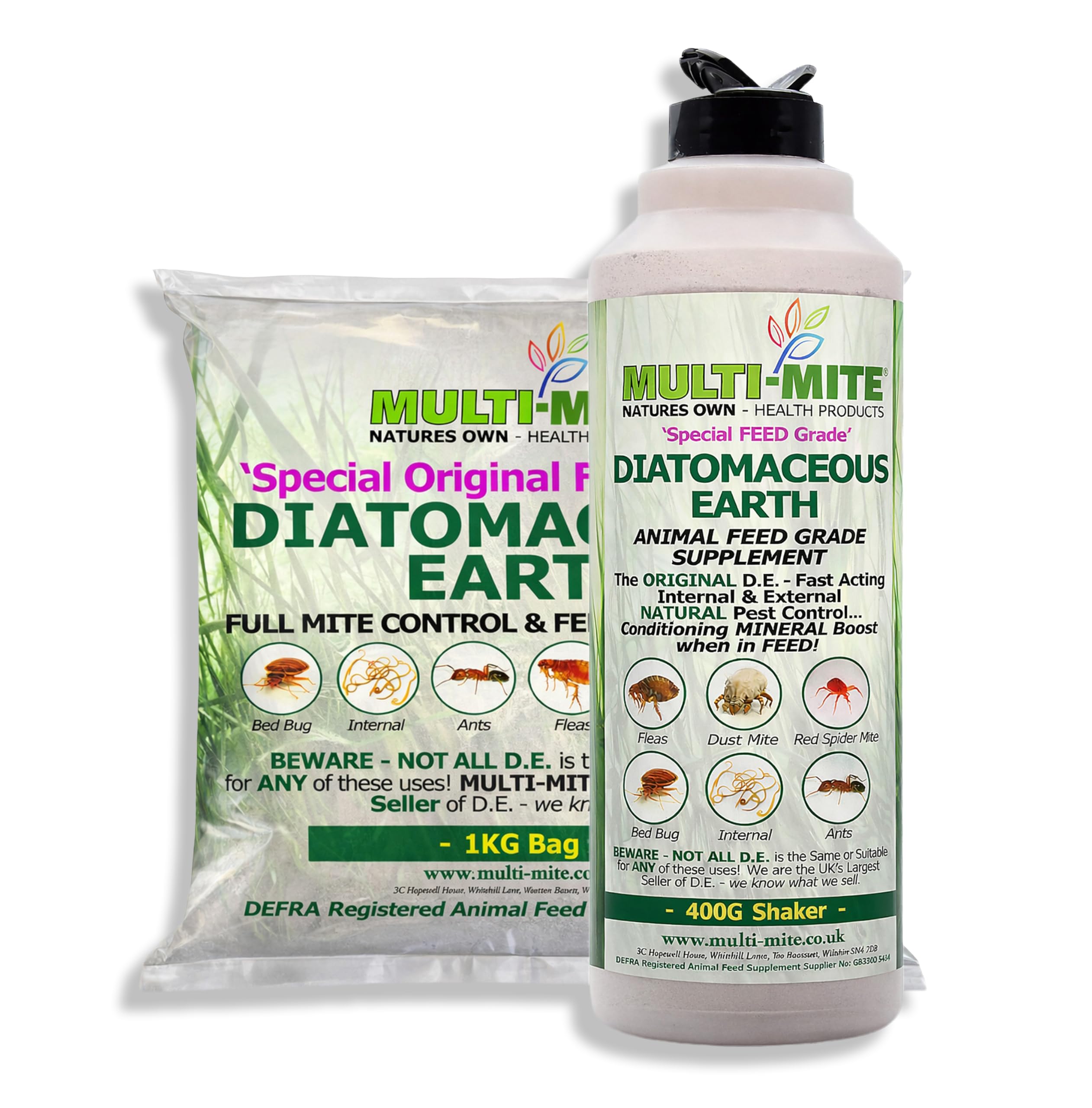 Multi-Mite® 400G SHAKER PLUS 1KG REFILL Feed Grade DE Diatomaceous Earth - Red Mite Fleas and All Animal Lice Control Powder