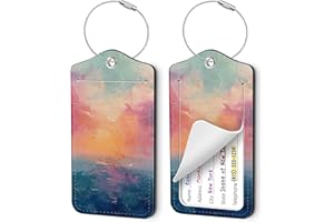 JEJEGO 2 Pack Luggage Tags for Suitcases, Cute PU Leather Name Tags with Privacy Cover & Stainless Steel Loops, Travel ID Bag Tags for Women & Men - Sunrise