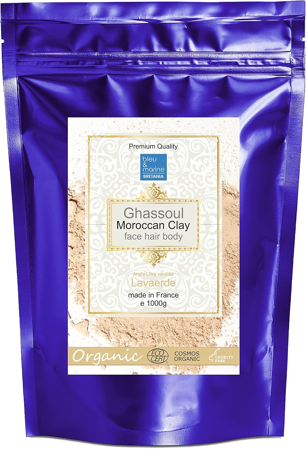 bleu & marine Bretania Organic Ghassoul Clay 1000g - Natural Moroccan Lava for