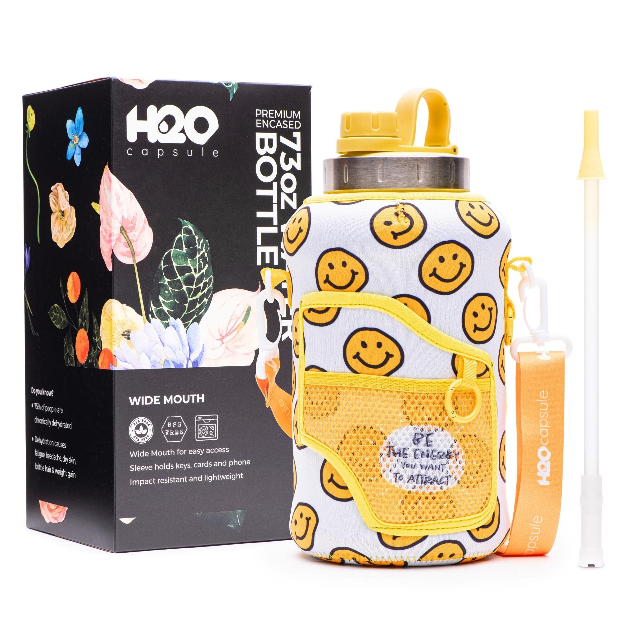 Photo 1 of H2O Capsule 2.2L Half Gallon Wide Mouth Water Bottle with Storage Sleeve and Removable Straw - Hydration Tracker Jug with Measurements Marked – Shatterproof BPA-Free, (Happy Day)