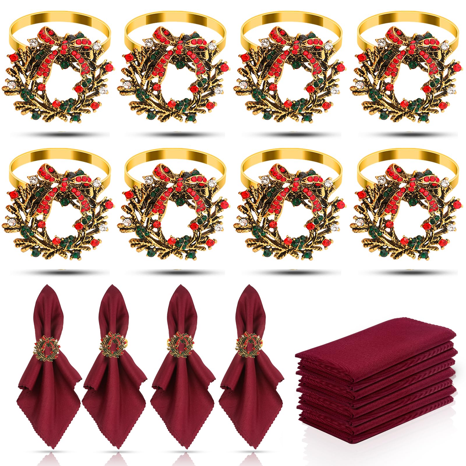 Photo 1 of KPOSIYA 16pcs Christmas Wreath Napkin Rings Set of 8 and 8 Christmas Napkins Cloth, Napkins holdes for Dinning Table Setting Decoration, Xmas Dinner Tables Rings for Winter Party