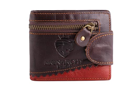 MONARCHY PRIDE Mens Genuine Leather Wallet (Dark Brown with red)