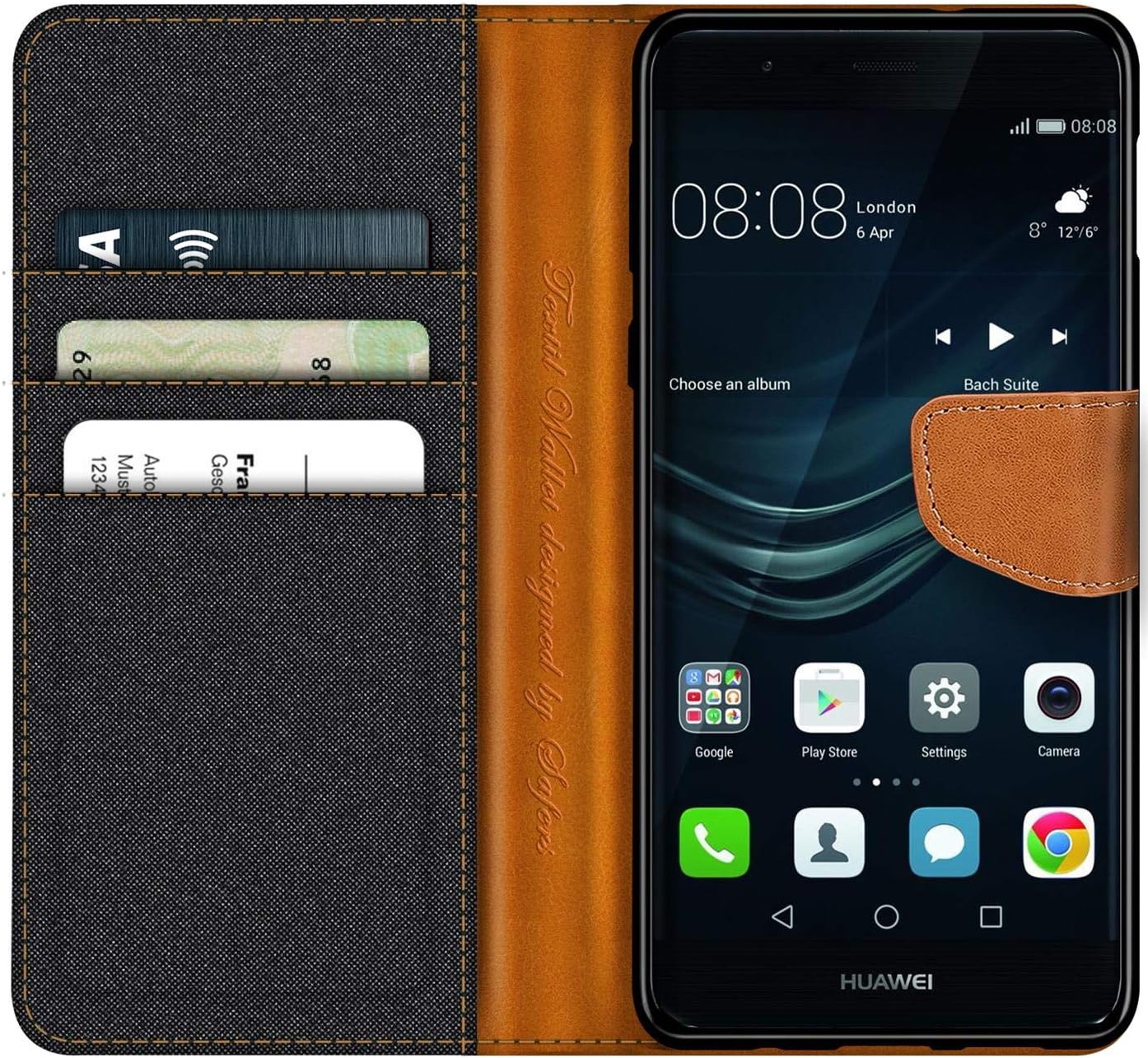 Verco Phone Wallet Case compatible with the Huawei P9, Canvas Faux Leather Book Cover for the P9 Flip Case Bag Hinged - Black - Image 3