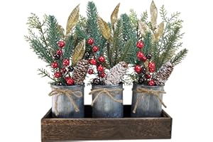 Winlyn Christmas Floral Arrangement Farmhouse Centerpiece Faux Pine Branches Pinecone Red Berry Stems Glitter Leaves Christma