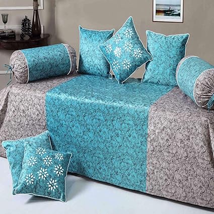 Gurnoor Premium Velvet Diwan Set of 8pc Grey-Blue(1 Bedsheet with 2 Blosters and 5 Cushion Covers)