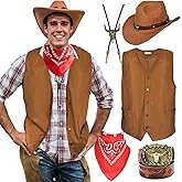 Prebene Western Cowboy Costume Mens-Cowboy Outfit Accessories Hat Vest Belt Bandana Necklace for Halloween Party