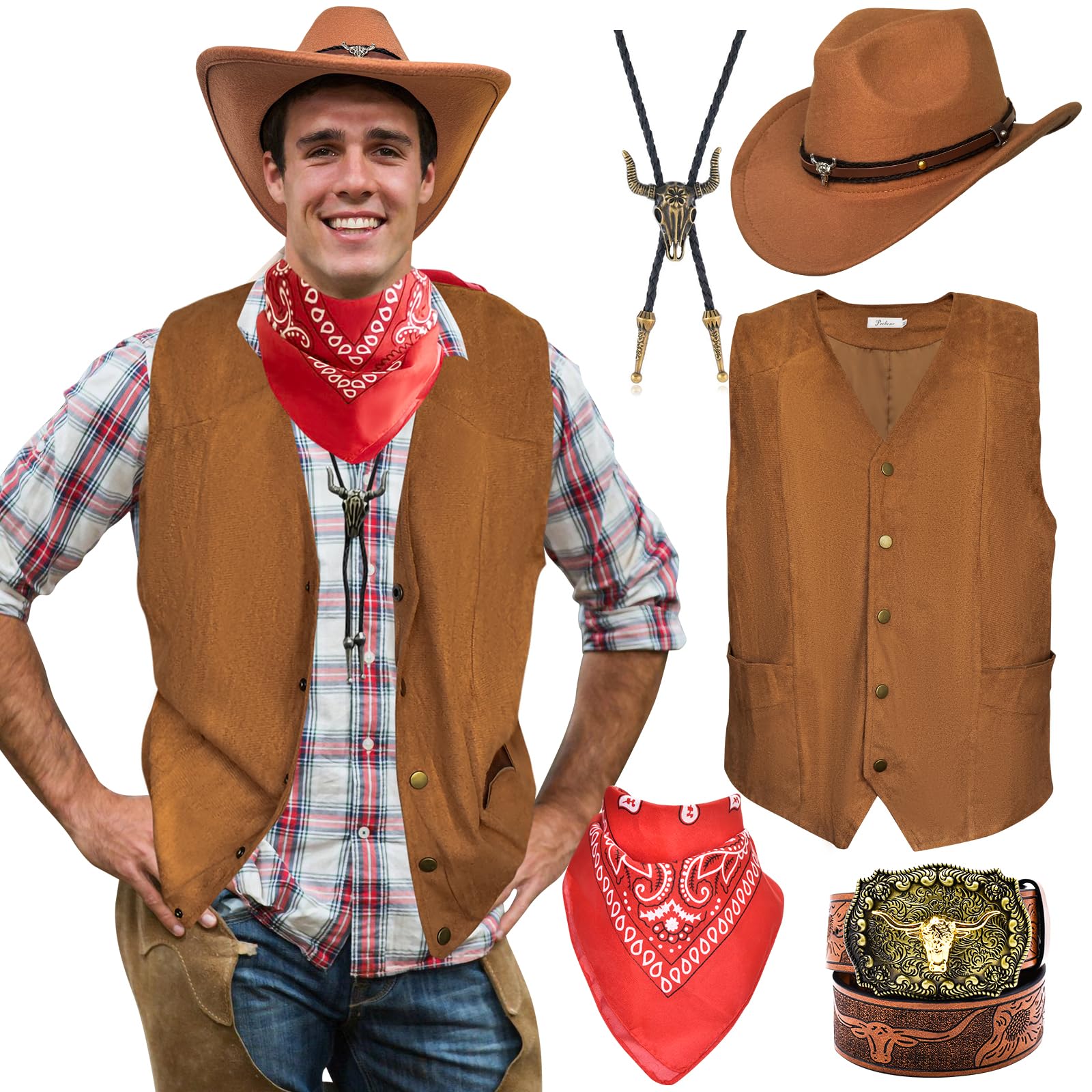 Photo 1 of 5 Pcs Western Outfits for Men Cowboy Suede Leather Vest Hat Necktie Belt Buckle Paisley Bandana for Halloween Cosplay (Brown, L)