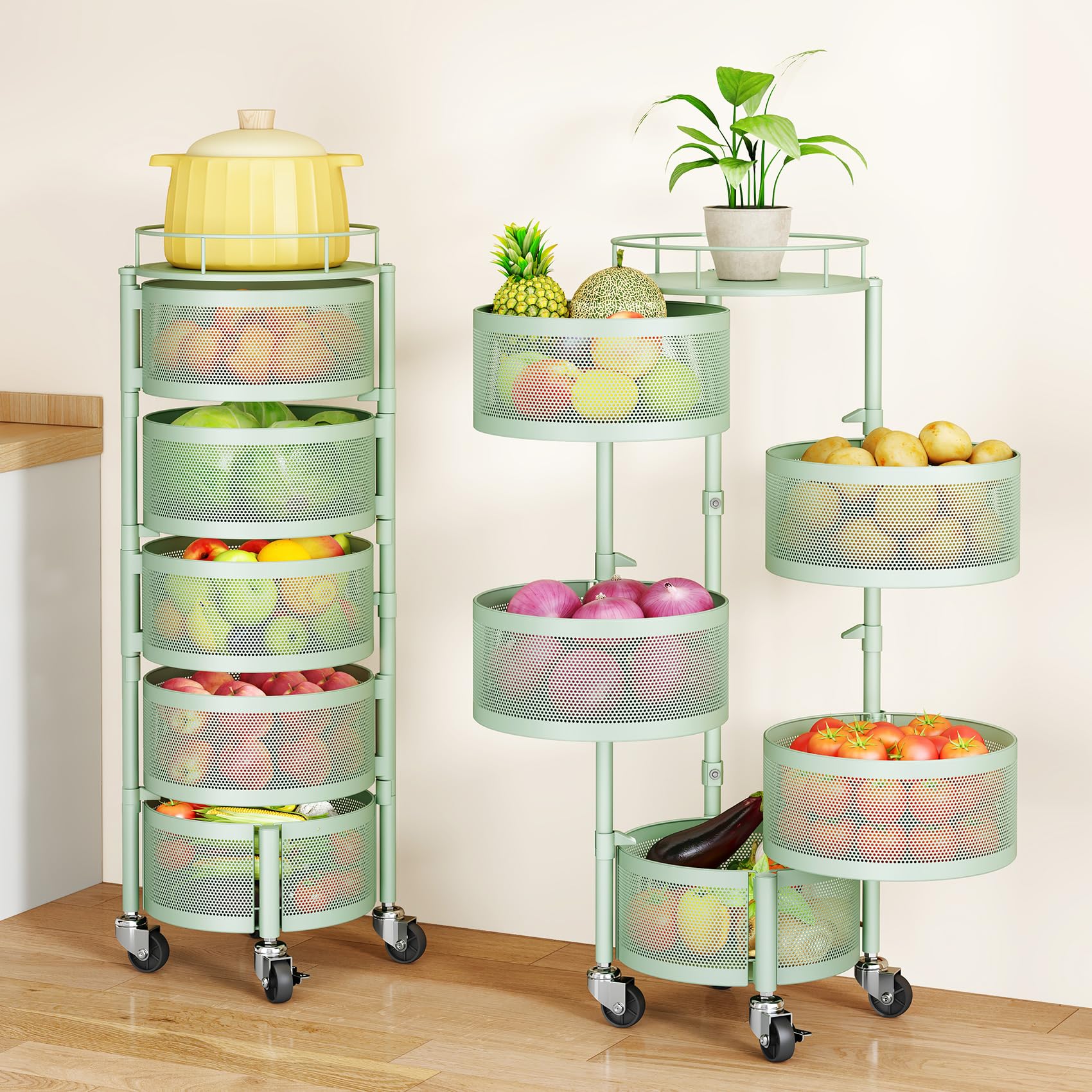 Photo 1 of ***(PARTS ONLY/ MINOR DAMAGE/ MISSING PARTS/ NON FUNCTIONAL)***SAYZH Fruit Vegetable Basket for Kitchen, Rotating Storage Rack, 5 Tier Rolling Cart with top lid, Large Metal Wire Basket for for Potato Onion Snack, Green