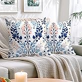 JukaZine Boho Botanical Throw Pillow Covers 18x18 Set of 2 | Decorative Cushion Cases for Couch Sofa Bed | Floral Pillowcases Decor for Living Room | Hidden Zipper | Neutral Blue Blush Home Accent