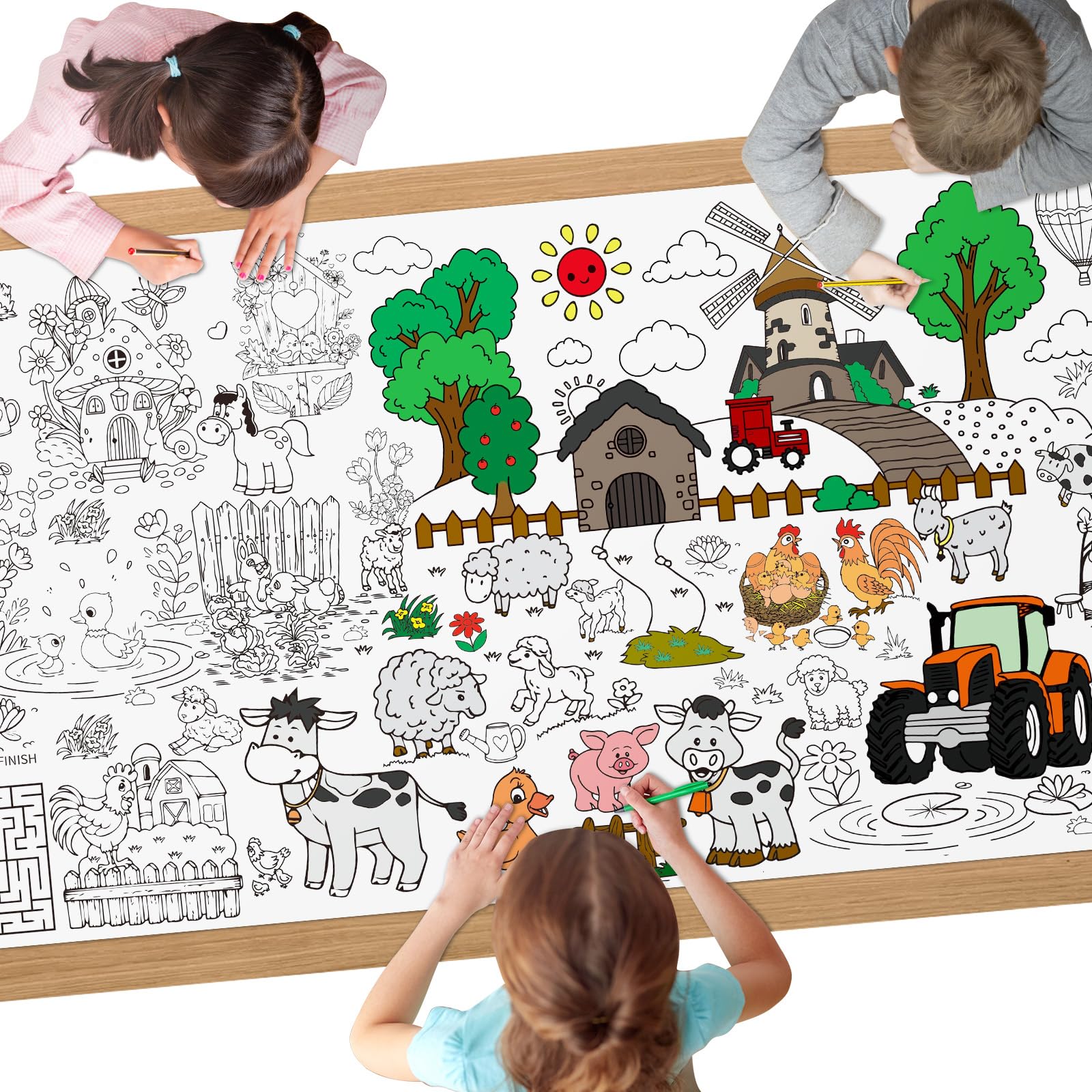 AYESY Farm Coloring Tablecloth, 72 x 30 inch DIY Kids Party Tablecloth, Giant Colouring Poster Table Cloth for Kids, Boys Girls Birthday Gift, Craft Doodle Art