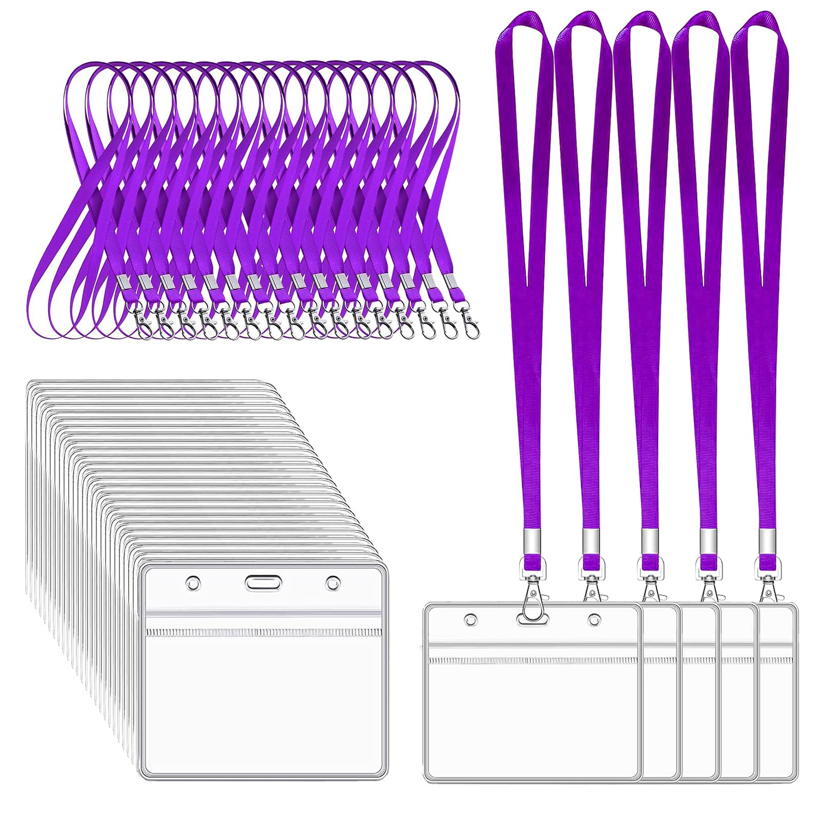 XHDA Purple 30PCS Lanyards for Neck with 30PCS Card Holder, Lanyard with Clear Plastic Card Holder for ID Card and Staff