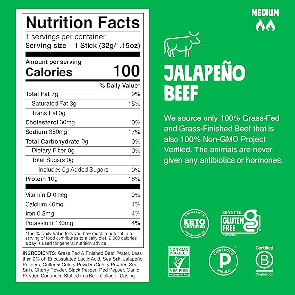 CHOMPS GRASS-FED AND FINISHED JALAPEÑO BEEF JERKY SNACK STICKS 24-PACK – KETO, PALEO, WHOLE30, 10G LEAN MEAT PROTEIN, GLUTEN-FREE, ZERO SUGAR FOOD, NON-GMO