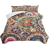 Nttopship 3 Piece Boho Floral Comforter Set Queen Size Colorful Bohemian Contemporary Flower Microfiber Bedding Set Vibrant Bright Soft Machine Washable Lightweight 1 Comforter Set with 2 Pillowcases