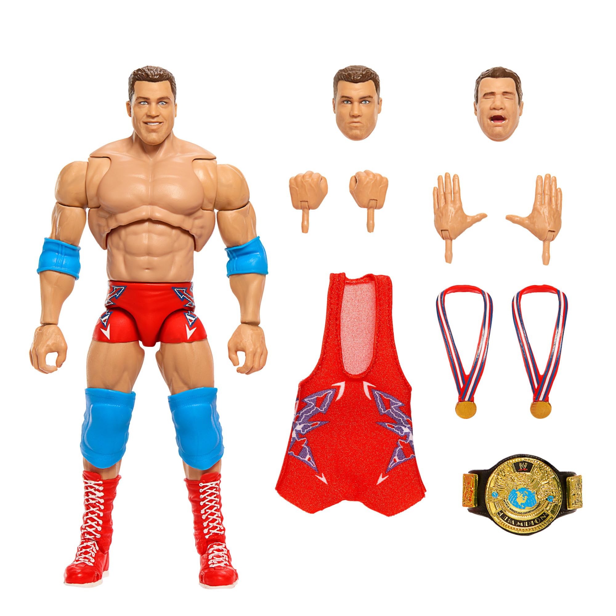 WWE Ultimate Edition Action Figure & Accessories, 6-inch Kurt Angle Collectible Set, Swappable Heads & Hands, Entrance Gear & 30 Articulation Points, HVF83