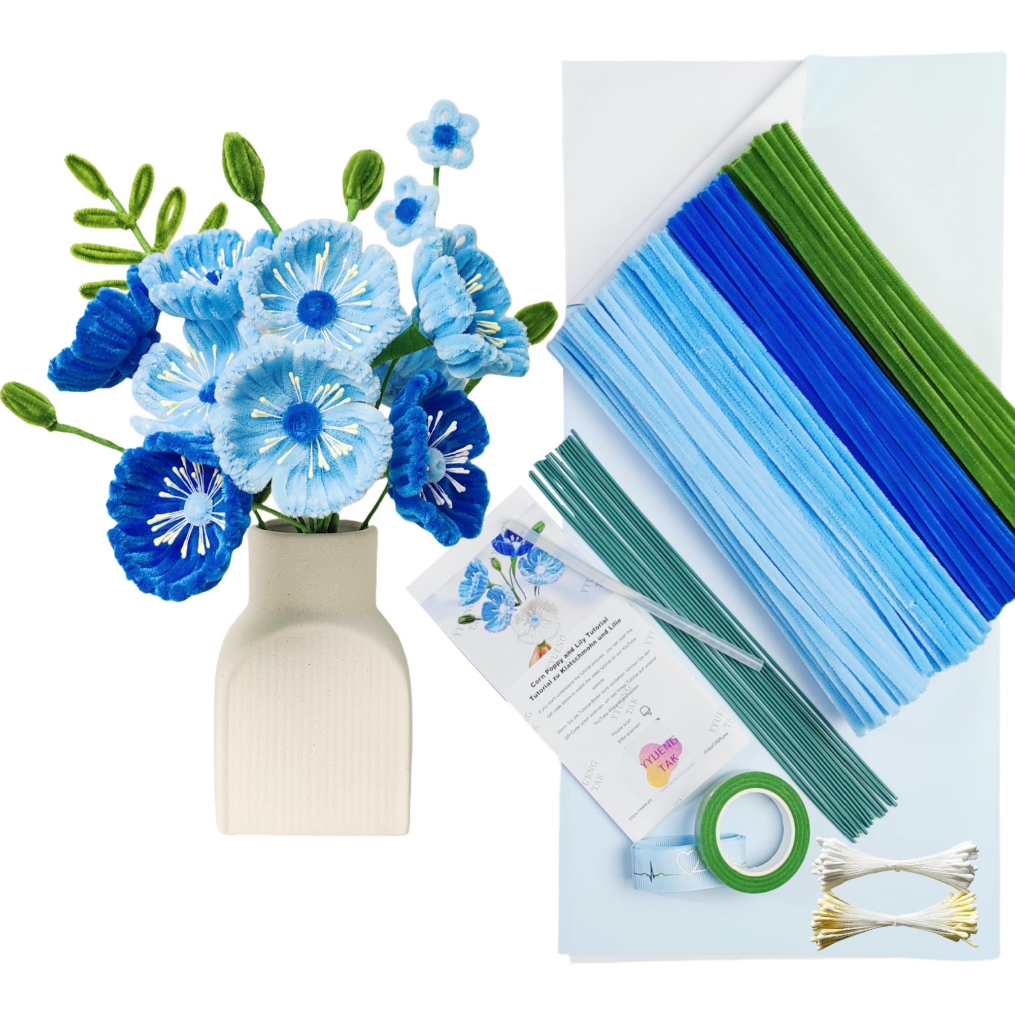 YYUENG TAK 200pcs Blue Pipe Cleaners for Craft Flowers,Pipe Cleaners for Corn Poppy Bouquet, Chenille Stems Arts & Crafts with Tutorial,Fuzzy Sticks Craft Supplies for Flower DIY Craft Kit Gift