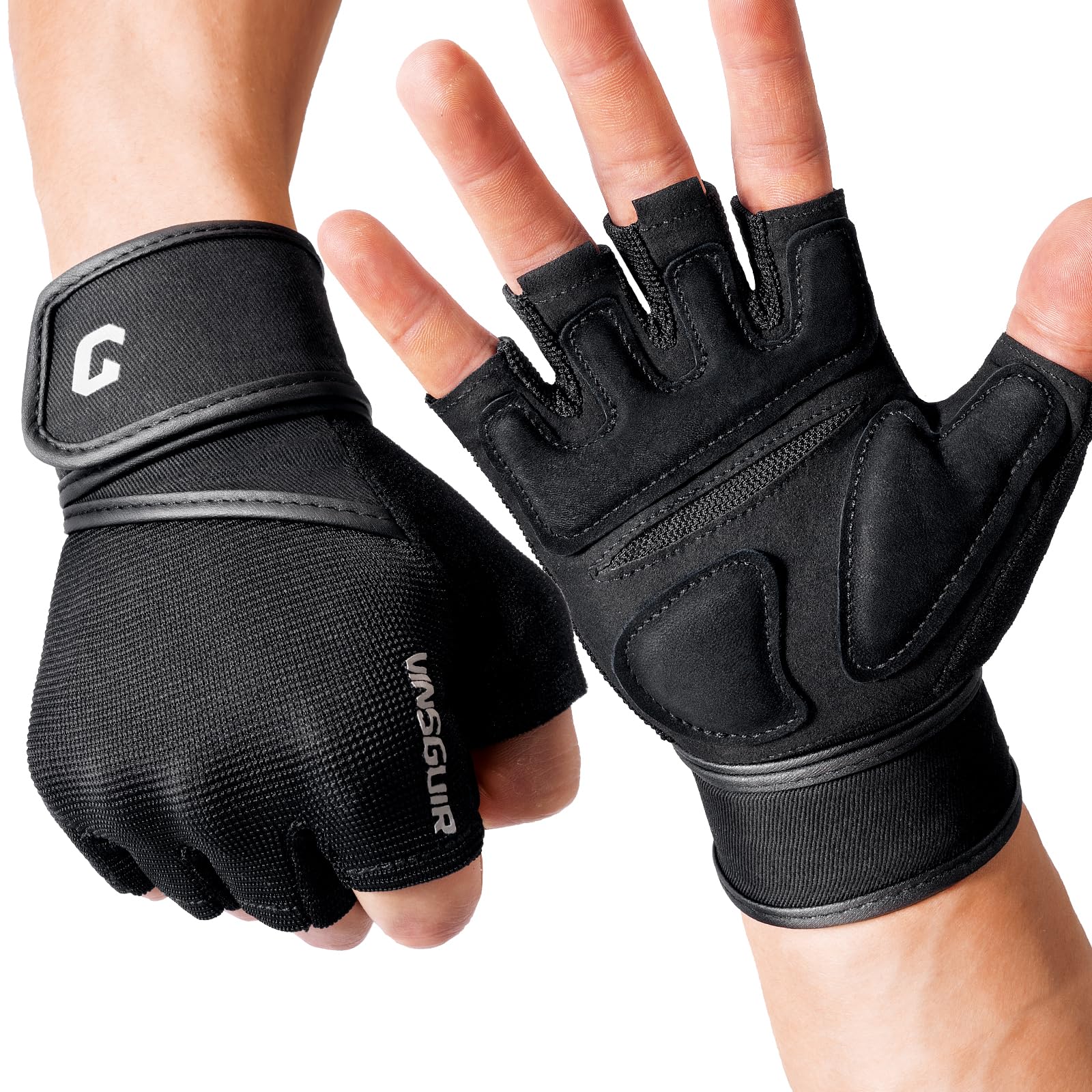 Photo 1 of VINSGUIR Padded Weight Lifting Gloves with Wrist Support, Fingerless Grip Workout Gloves for Men and Women, Gym Gloves for Exercise, Weightlifting, Cycling, Pull ups, Rowing, and Climbing