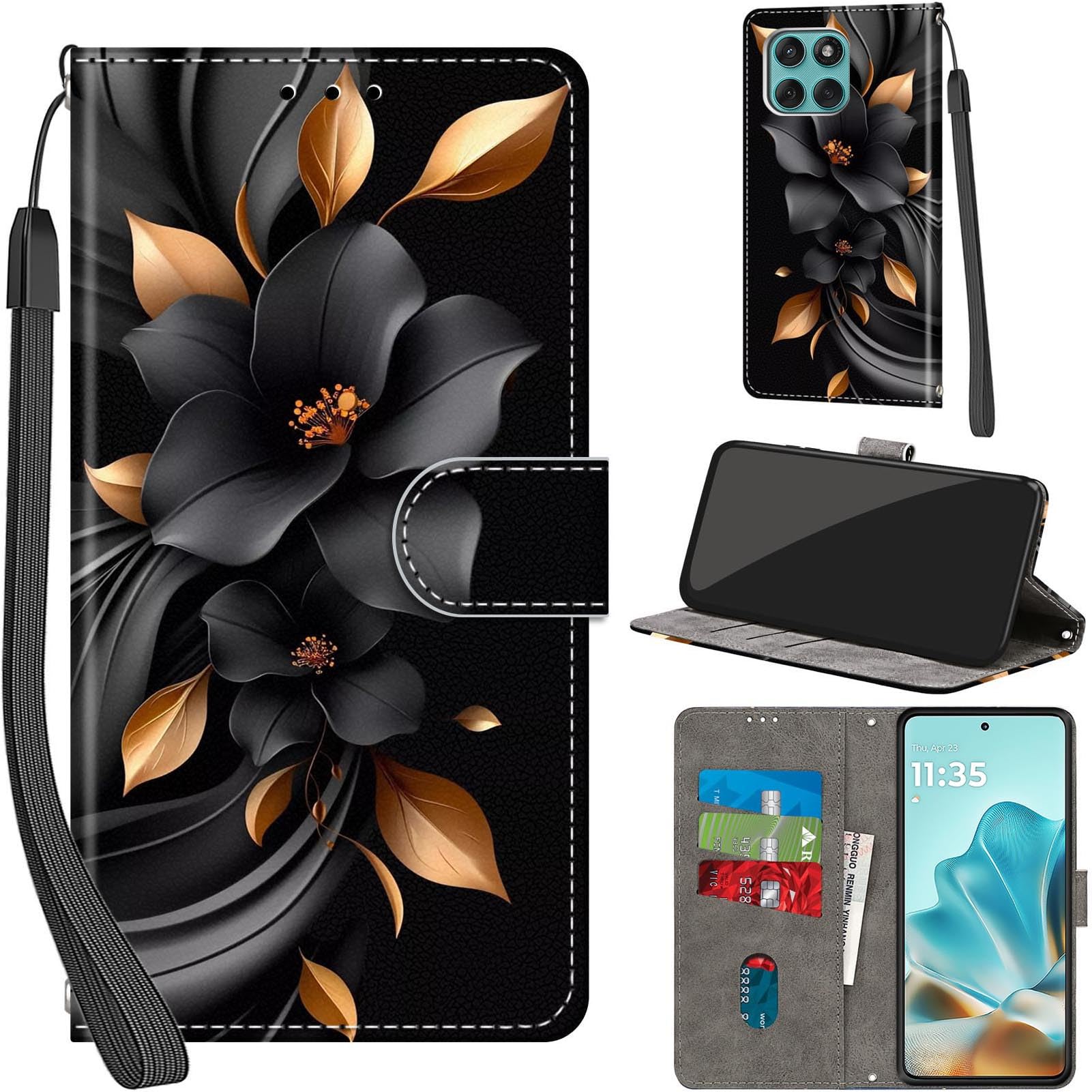 Salanheo Handyhülle für Motorola Moto Edge 60 Fusion/Edge 60 / Edge 60 Pro Hülle, Magnetische Flip Stoßfeste Schutzhülle mit Standfunktion Kartenfächern Klapphülle Handytasche Blätter und Blüten 3