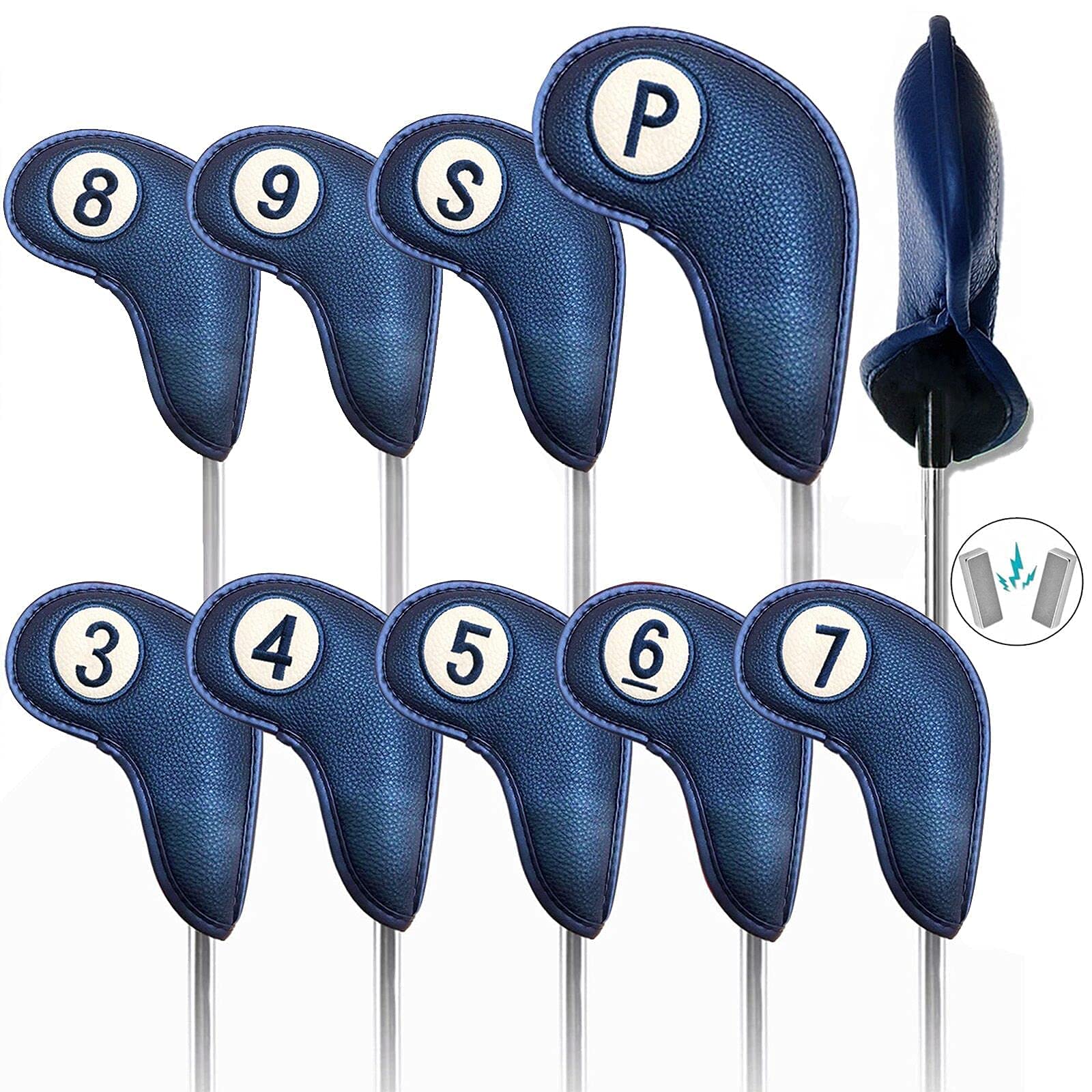 Golf Club Head Covers for Irons Magnetic Closure Long Cover Value 9pcs/Set, Number Printed both Sides Headcovers Deluxe Synthetic Leather Professional (Blue)