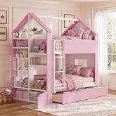 Merax Twin Over Twin House Bed, with Storage Drawers &amp; Shelves, White+Pink | Modern Two-Tone Wood Bunk Bed, with Light Strip, Space-Saving Bedroom Furniture