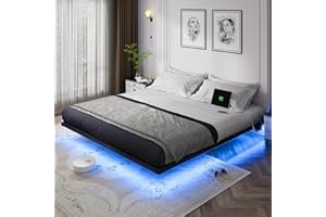 OLEVS King Size Floating Bed Frame, Metal Platform, with LED Light and Charging Station, No Box Spring Needed, Noise-Free, Easy Assembly