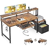 AODK Computer Desk with Drawers, 55" Office Desk with Keyboard Tray and Power Outlet, Reversible Study Work Desk with Printer Space and File Drawers Cabinet for Home Office, Vintage
