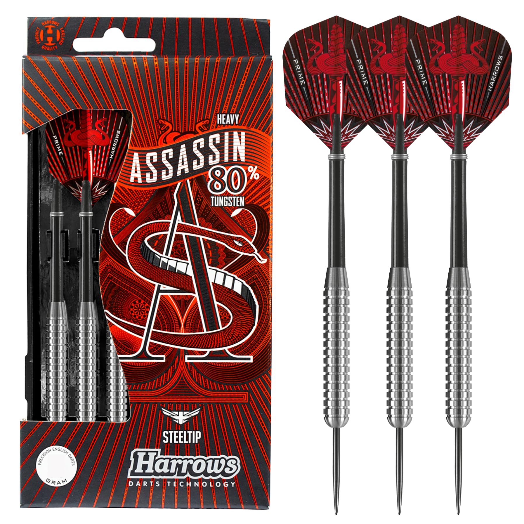 Harrows Assassin Tungsten Darts | Steel Darts Set with Carry Case | Available in 30g, 32g, 34g, 36g, 38g & 40g | Includes Nylon Shafts, 100-Micron Prime Flights, and Travel Case (32g)