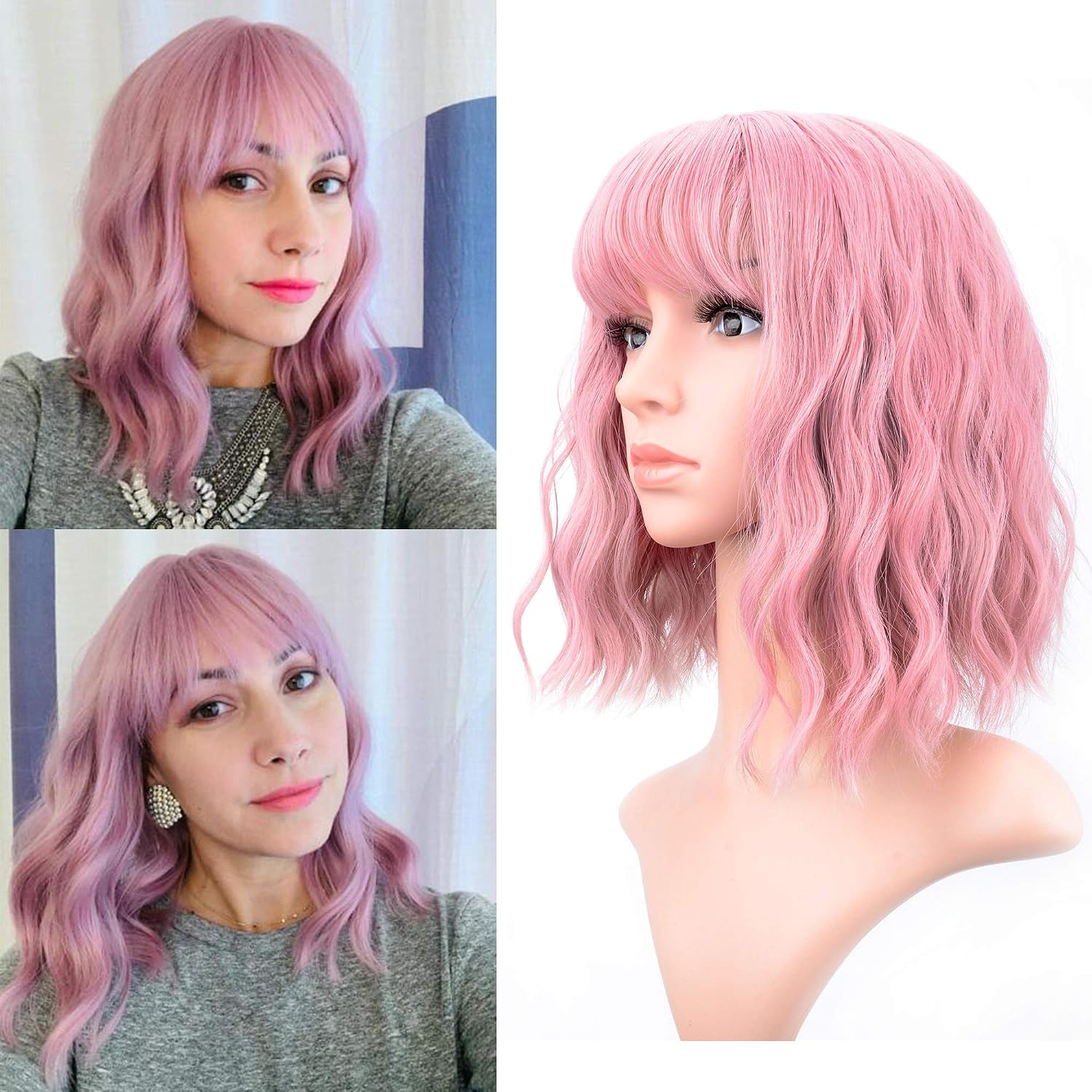 VCKOVCKO Pastel Wavy Wig With Air Bangs Women's Short Bob Purple Pink Wig Curly Wavy Shoulder Length Synthetic Cosplay Colorful Wigs for Girls (12",Purple Pink)
