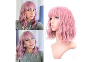VCKOVCKO Pastel Wavy Wig With Air Bangs Women's Short Bob Purple Pink Wigs Curly Wavy Shoulder Length Pastel Synthetic Bob Wig for White Women Girls Daily Use Colorful Wigs(12", Purple Pink)