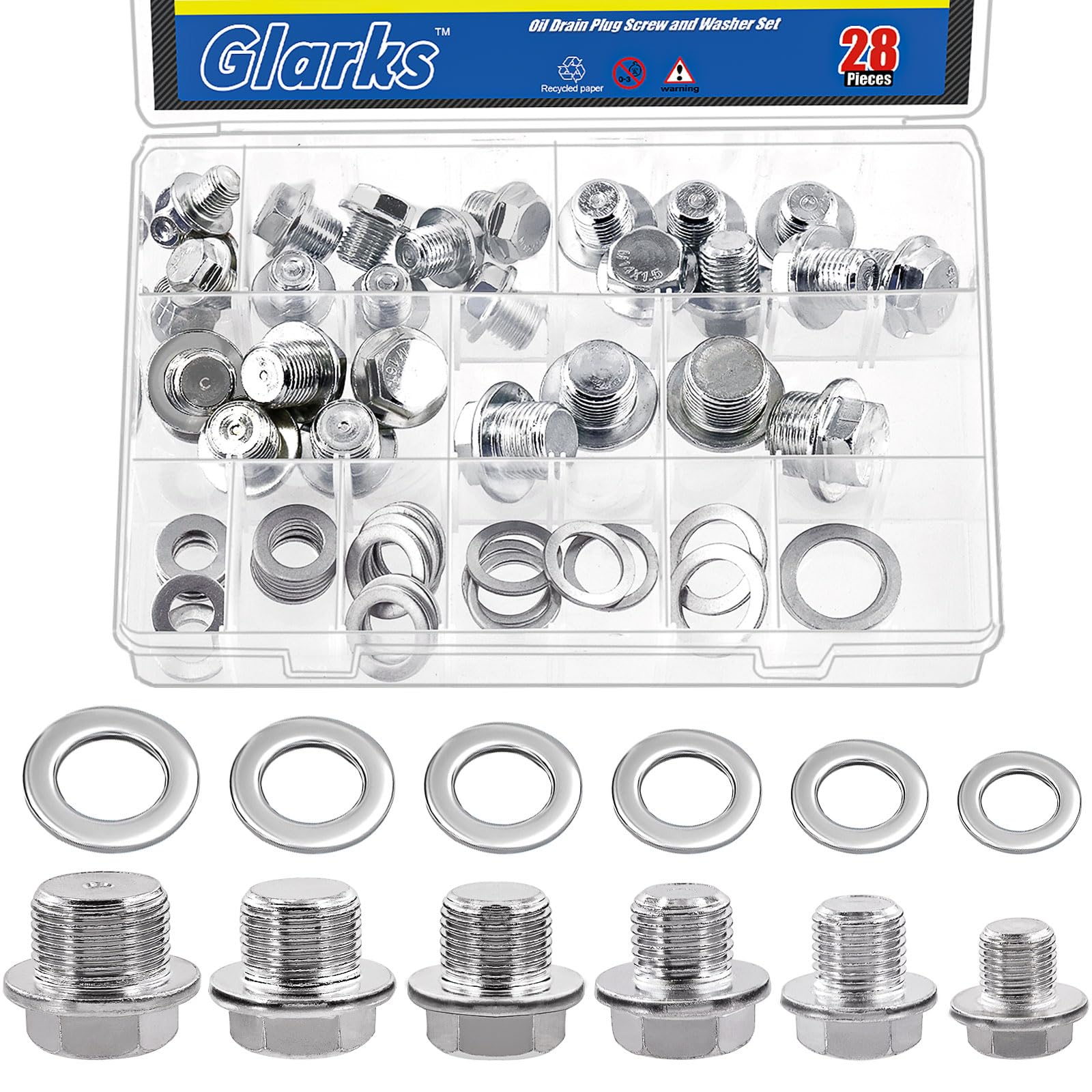 Glarks 1Pcs M10/M12/M14/M16//M18/M20 Automotive Oil Drain Plug and Gasket Assortment Set, 28Pcs Metric Oil Drain Plug and 28Pcs Oil Crush Washers Flat Washers Set Compatible with Jeep GM Ford Toyota